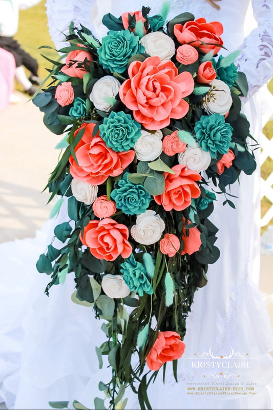Coral & Turquoise, Peony & Dahlia Sola Wood Flower Cascading Bridal Bouquet & Wedding Decorations