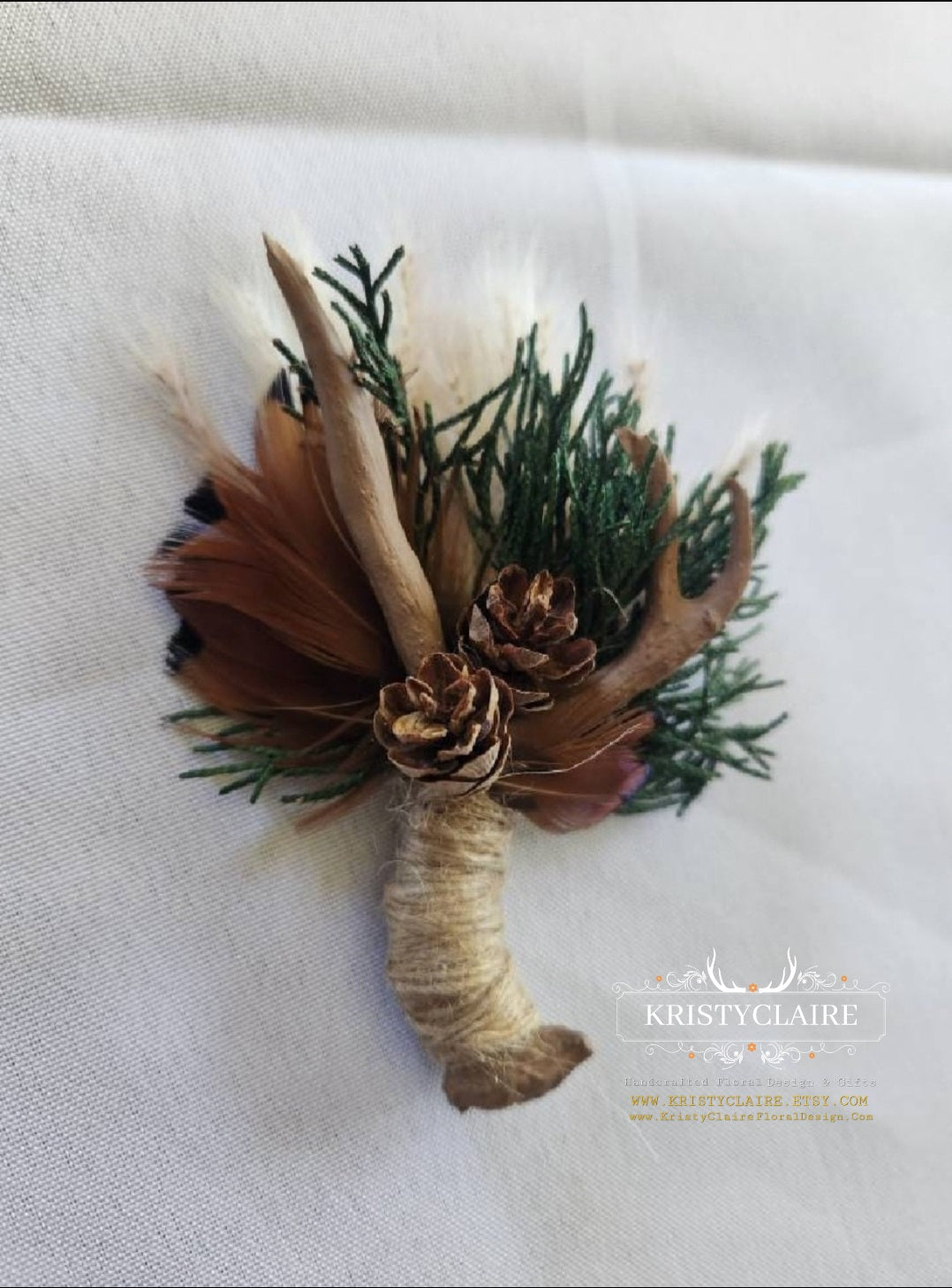 Beige Antler Boutonniere with Preserved Cedar, Pampas Grass, Pheasant Feathers & PineCones, Buttonhole, Lapel, Twine, Faux, Resin, Taxidermy