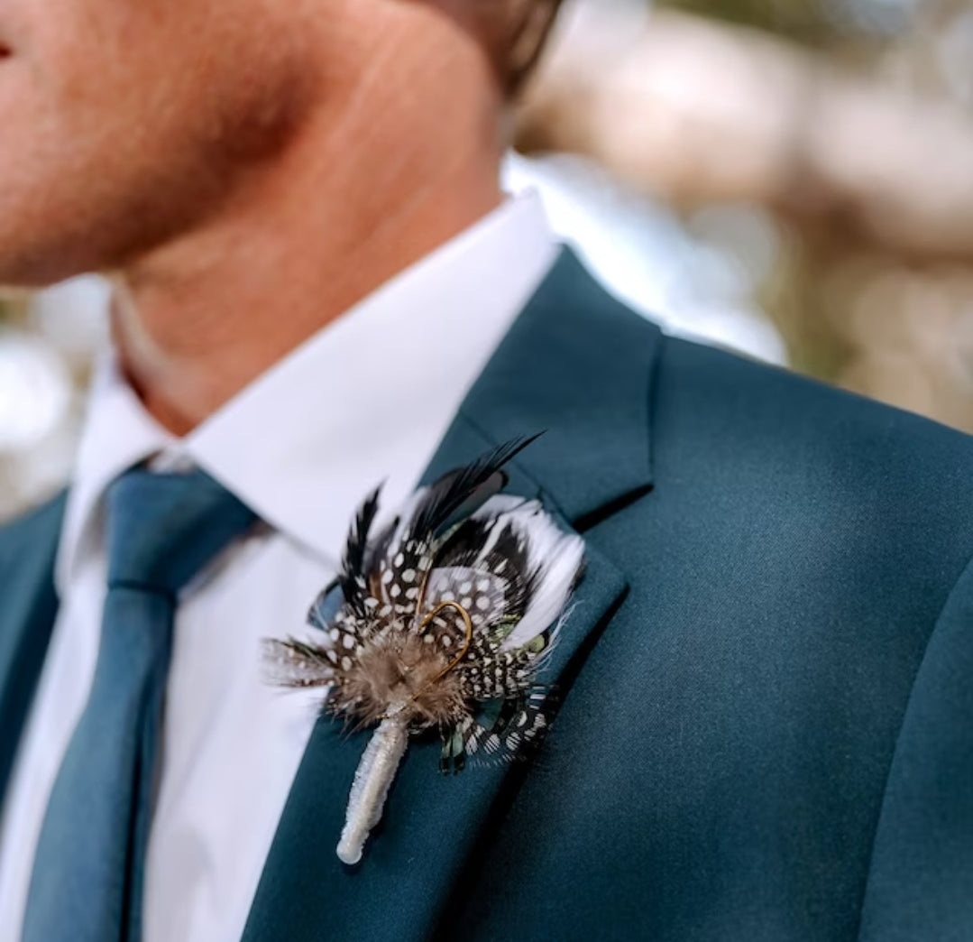 Hunter Green, Fishing Boutonniere, White, Black, Gray, Green, Emerald, Feathers, Buttonhole, lapel, Pin-on, Corsage, Prom, Wedding, Event