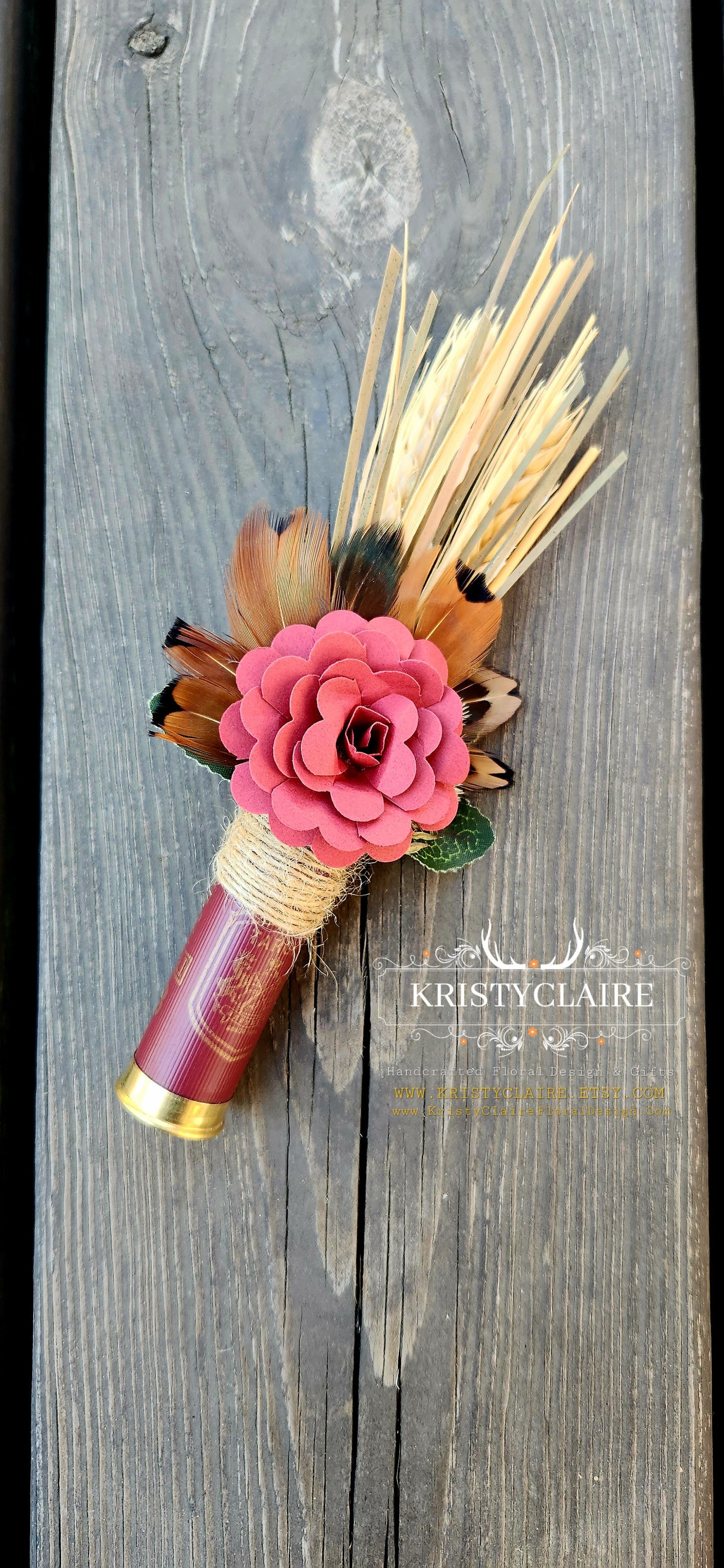Burgundy Shotgun Shell Boutonniere, Burgundy Paper Flower, lapel, buttonhole, pin-on, corsage, Dried Wheat, Grass, Thistle, Pheasant Feathers