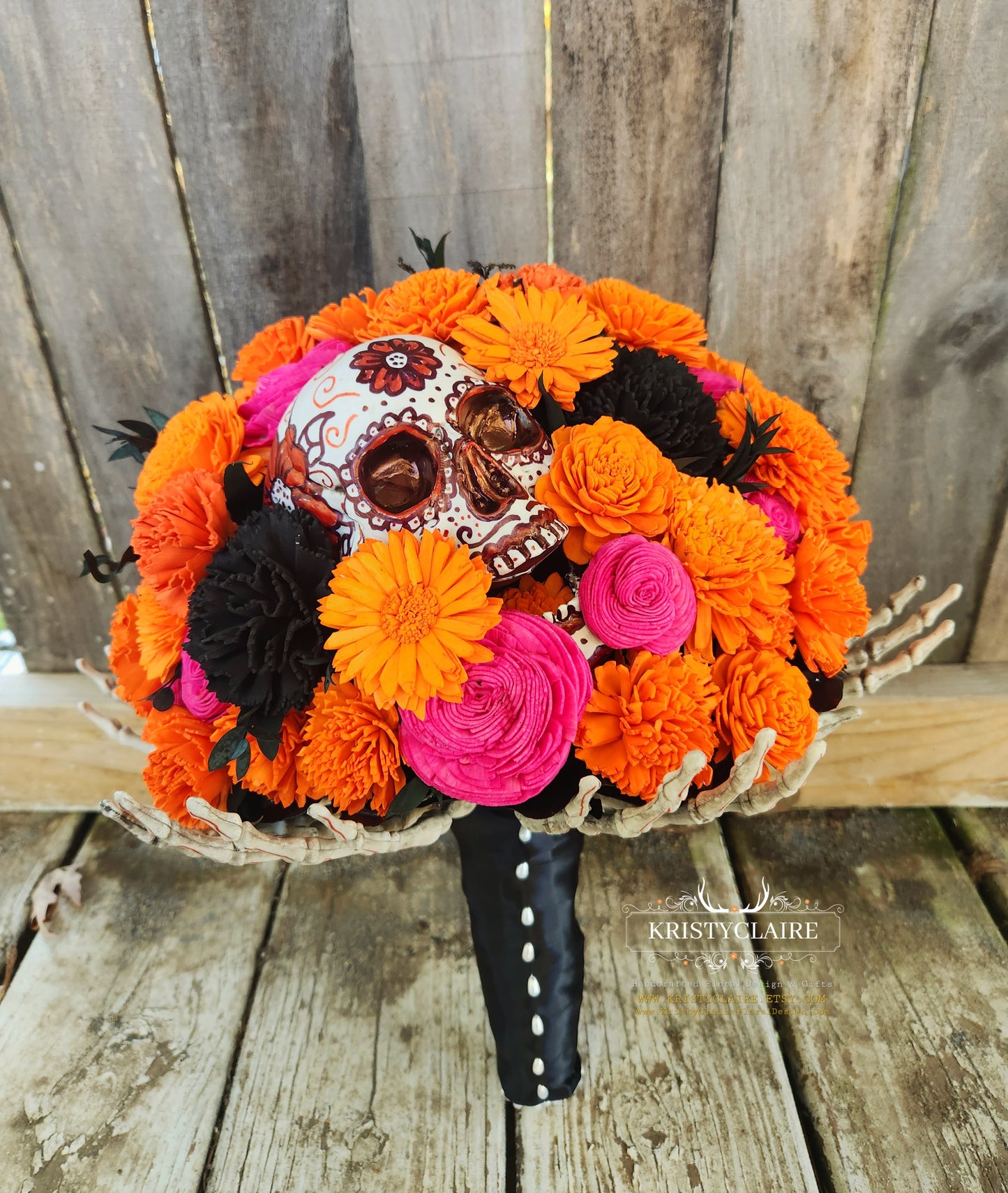Día de los Muertos, Day of the Dead, Inspired Sola Wood Flower Bouquet, Dried Greenery, Preserved, Orange & Pink