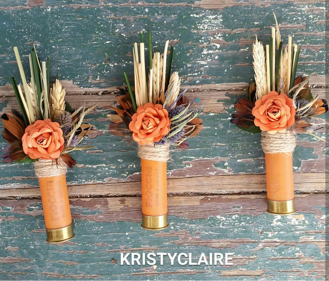 Orange Shotgun Shell Boutonniere, lapel, buttonhole, pin-on, corsage, Dried Wheat, Grass, Thistle, Pheasant Feathers