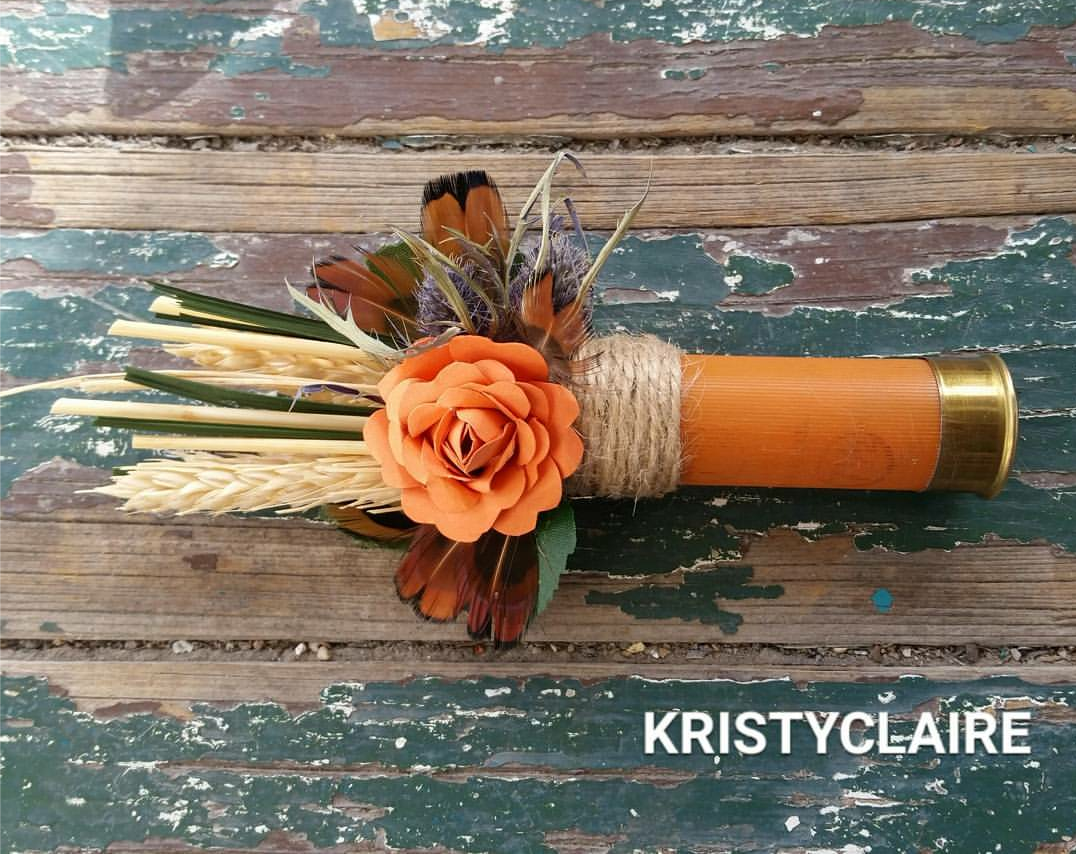 Orange Shotgun Shell Boutonniere, lapel, buttonhole, pin-on, corsage, Dried Wheat, Grass, Thistle, Pheasant Feathers