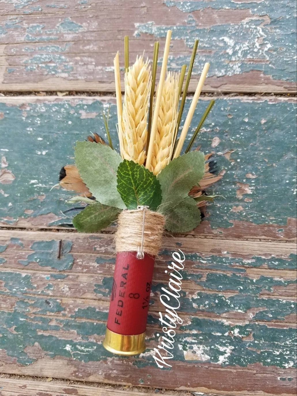 Burgundy Shotgun Shell Boutonniere, Burgundy Paper Flower, lapel, buttonhole, pin-on, corsage, Dried Wheat, Grass, Thistle, Pheasant Feathers