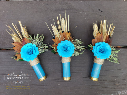 Turquoise Blue Shotgun Shell Boutonniere with Paper Flower, Lapel, Pin, Corsage, Buttonhole, Country