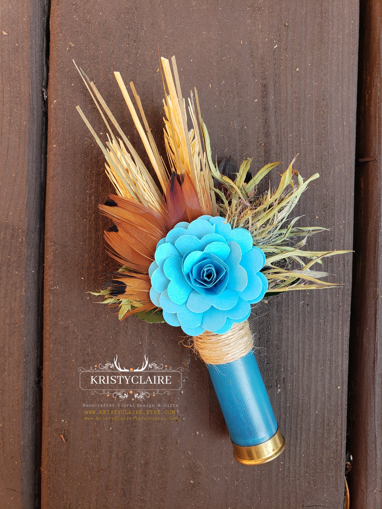 Turquoise Blue Shotgun Shell Boutonniere with Paper Flower, Lapel, Pin, Corsage, Buttonhole, Country