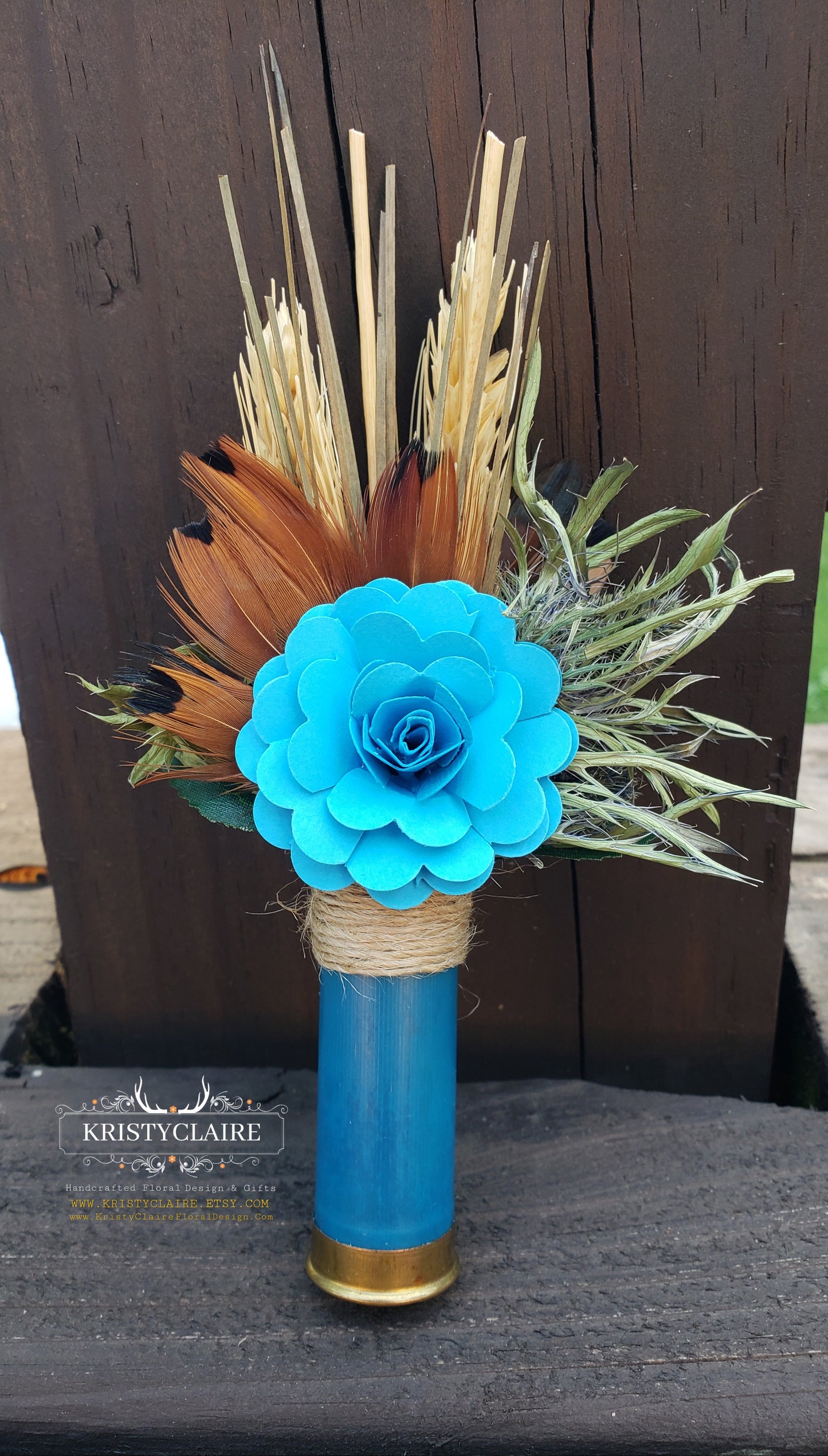 Turquoise Blue Shotgun Shell Boutonniere with Paper Flower, Lapel, Pin, Corsage, Buttonhole, Country