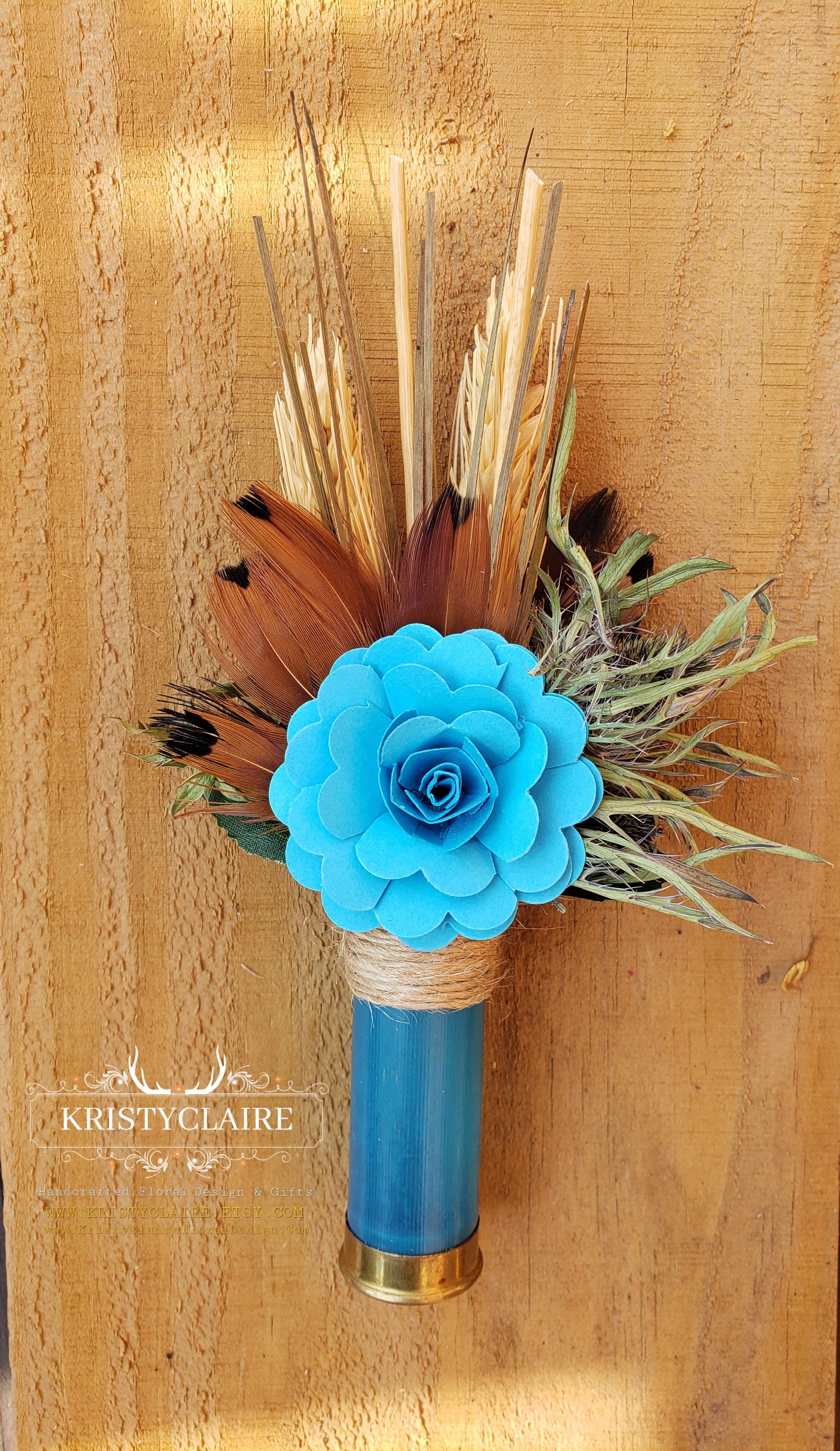 Turquoise Blue Shotgun Shell Boutonniere with Paper Flower, Lapel, Pin, Corsage, Buttonhole, Country