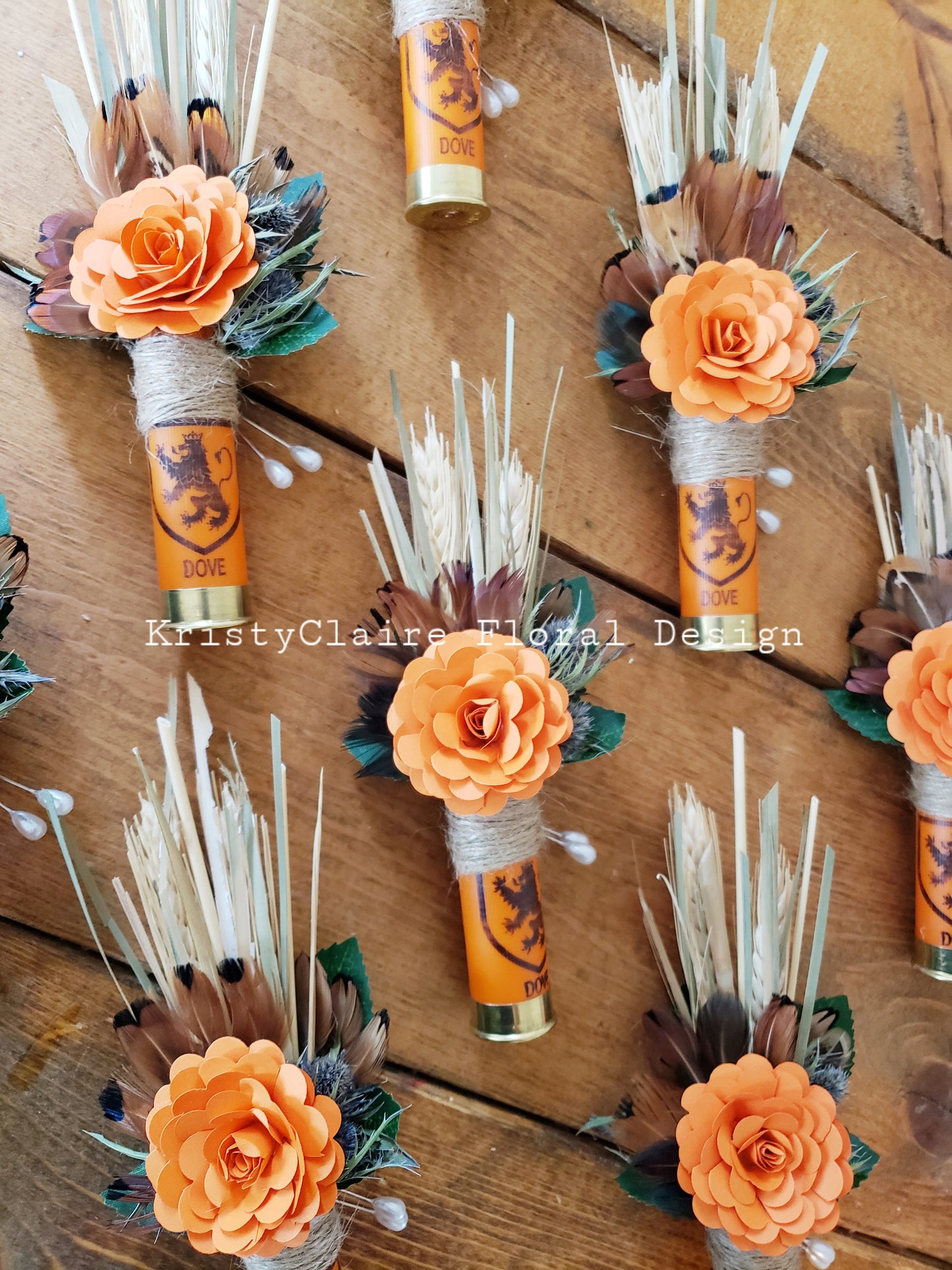 Orange Shotgun Shell Boutonniere, lapel, buttonhole, pin-on, corsage, Dried Wheat, Grass, Thistle, Pheasant Feathers