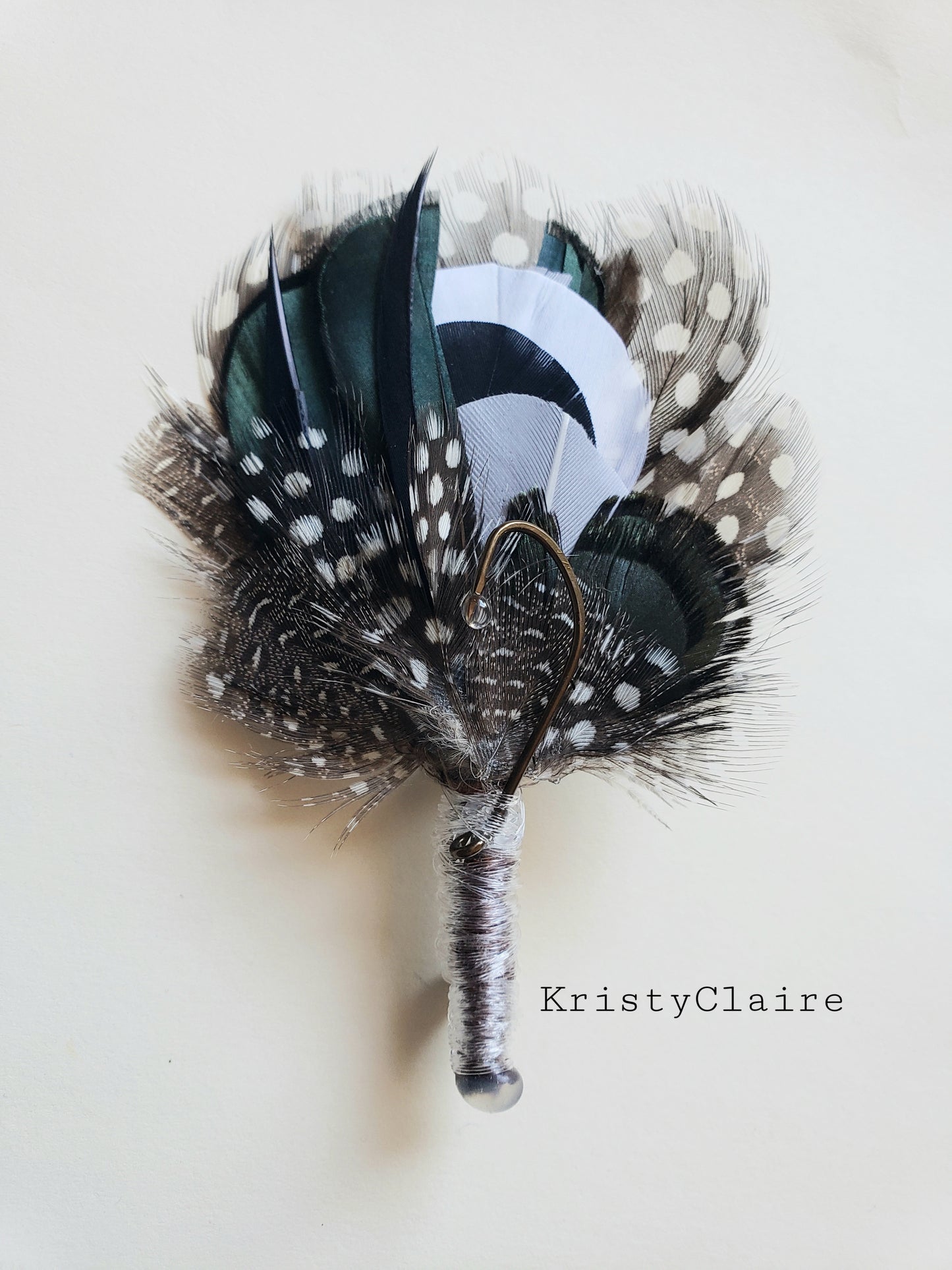 Hunter Green, Fishing Boutonniere, White, Black, Gray, Green, Emerald, Feathers, Buttonhole, lapel, Pin-on, Corsage, Prom, Wedding, Event
