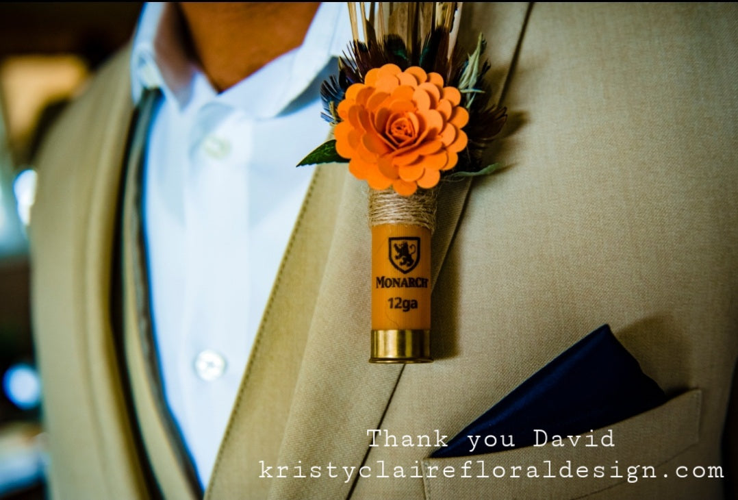 Orange Shotgun Shell Boutonniere, lapel, buttonhole, pin-on, corsage, Dried Wheat, Grass, Thistle, Pheasant Feathers