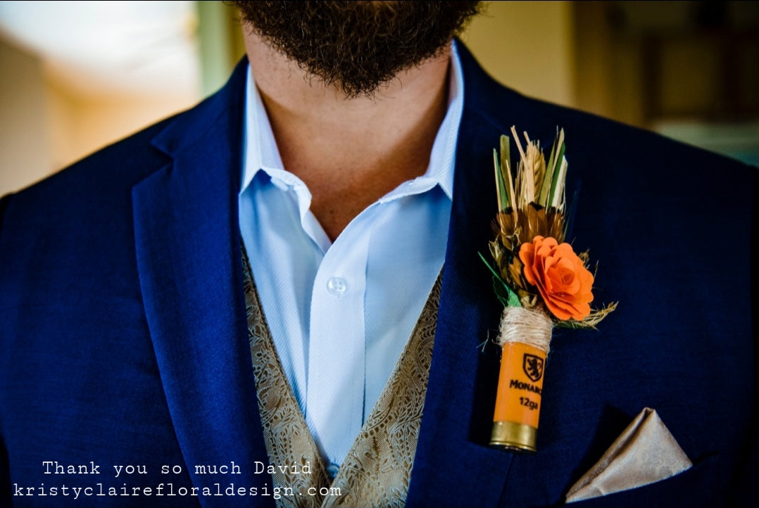Orange Shotgun Shell Boutonniere, lapel, buttonhole, pin-on, corsage, Dried Wheat, Grass, Thistle, Pheasant Feathers