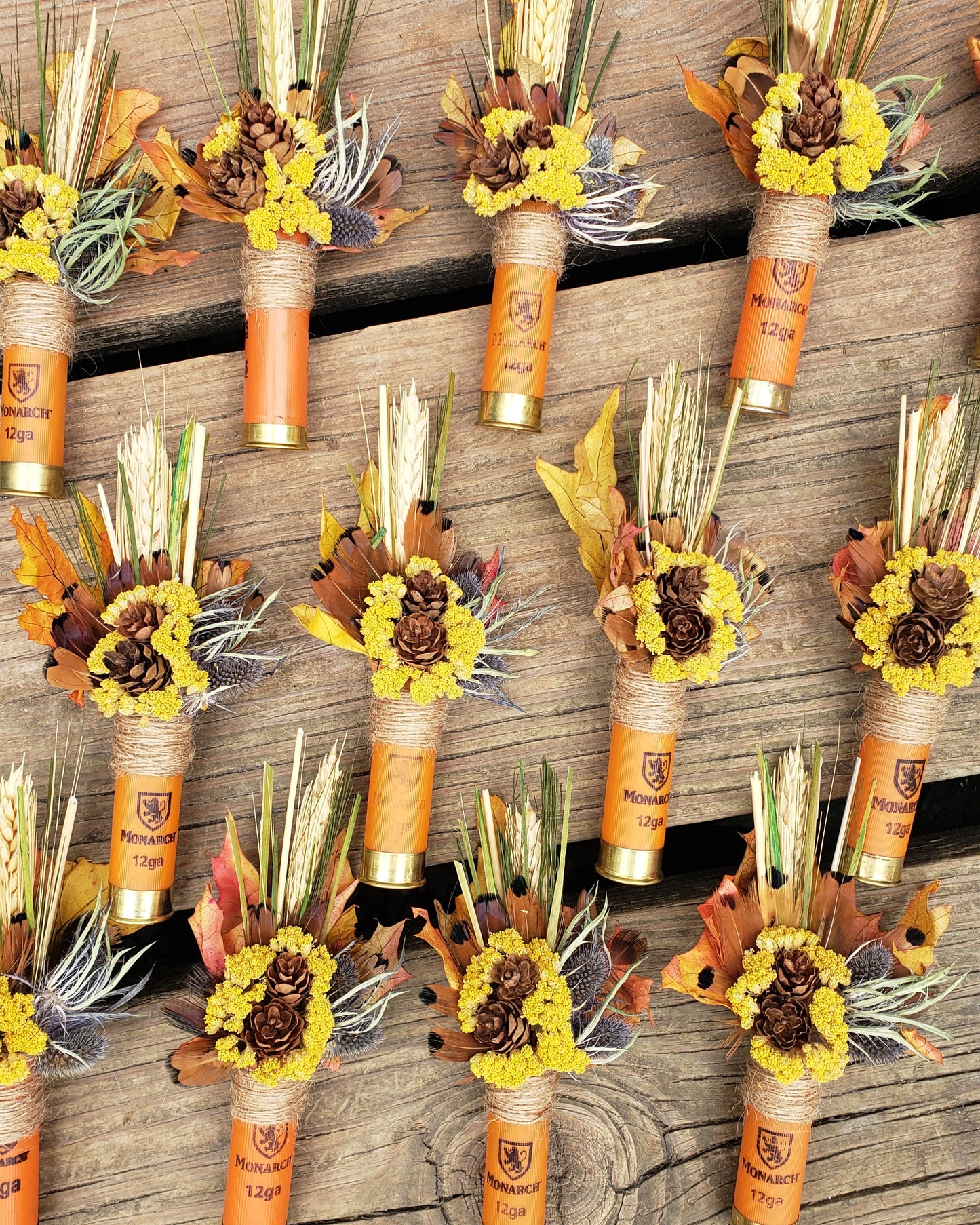 Fall Wheat, Pine Cone, Autumn Leaf, Orange Shotgun Shell Boutonniere, lapel, buttonhole, pin-on, corsage, Dried Wheat, Pheasant Feathers, Pine Cones