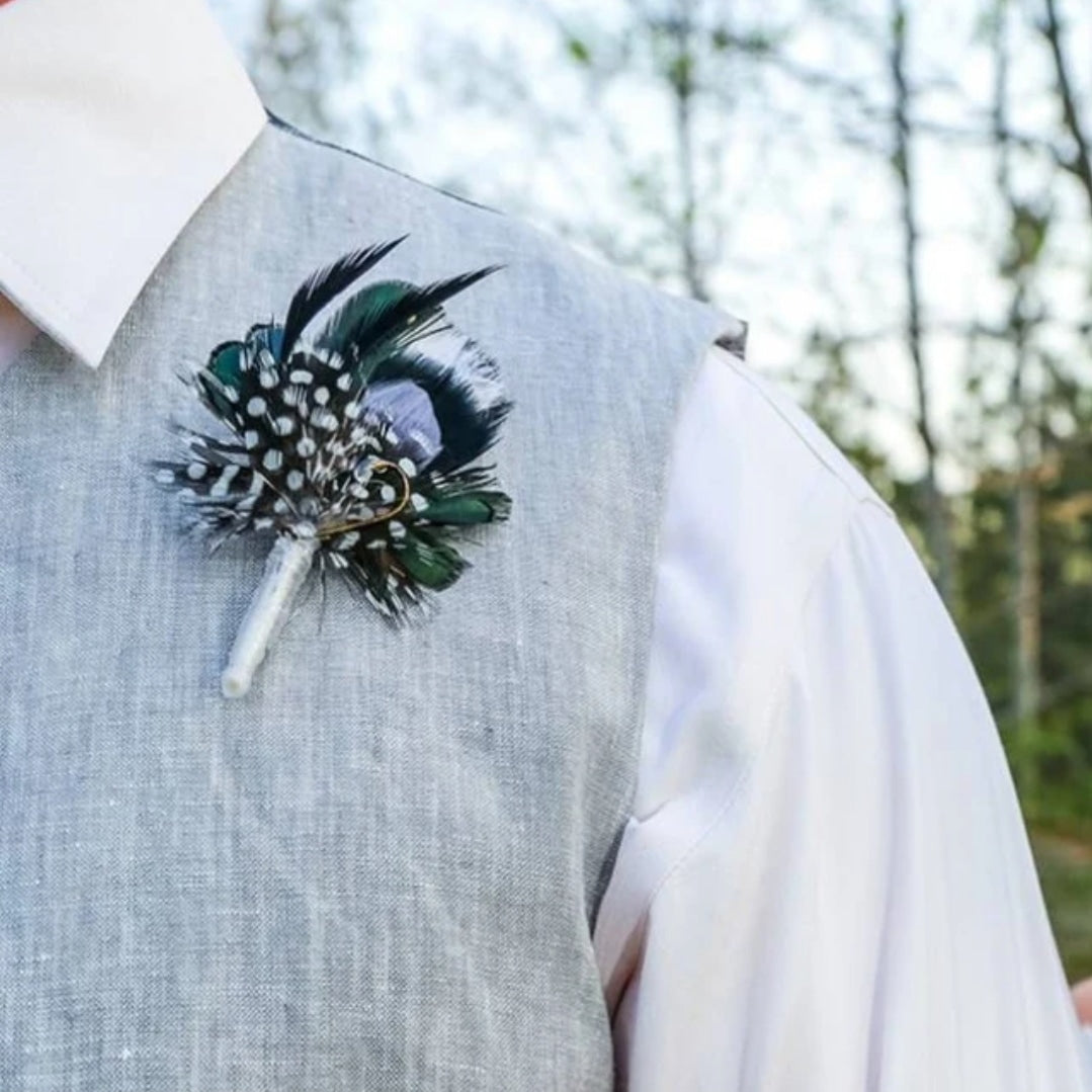Hunter Green, Fishing Boutonniere, White, Black, Gray, Green, Emerald, Feathers, Buttonhole, lapel, Pin-on, Corsage, Prom, Wedding, Event