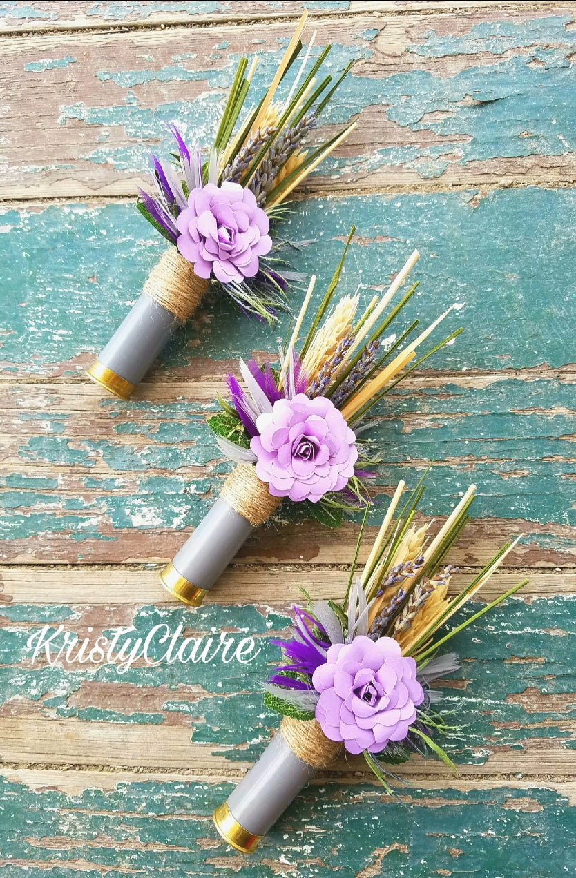 Lavender, Purple, Grey Shotgun Shell Boutonniere With Lavender Paper Flower, lapel, buttonhole, pin-on, corsage, Wheat, Thistle, Lavender, Feathers