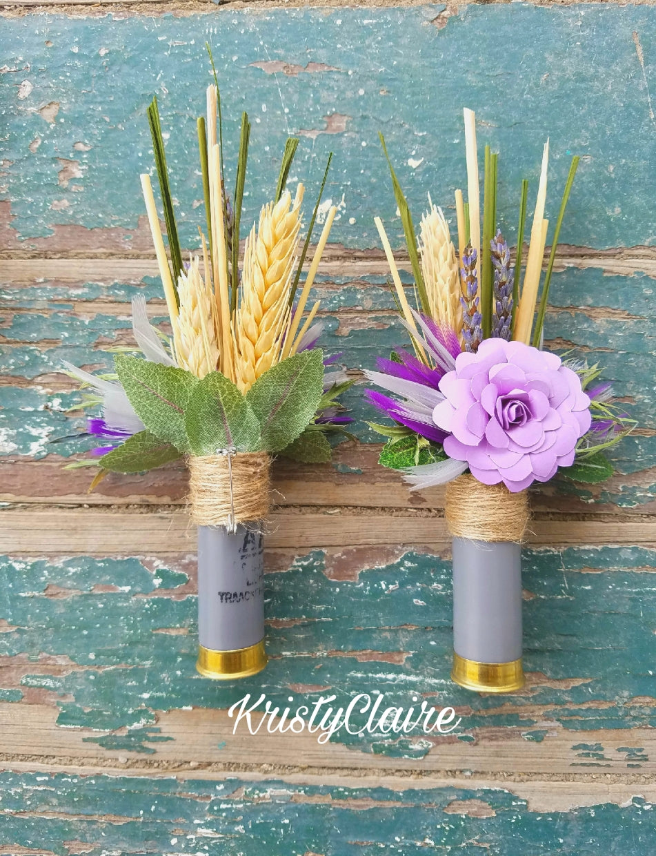 Lavender, Purple, Grey Shotgun Shell Boutonniere With Lavender Paper Flower, lapel, buttonhole, pin-on, corsage, Wheat, Thistle, Lavender, Feathers