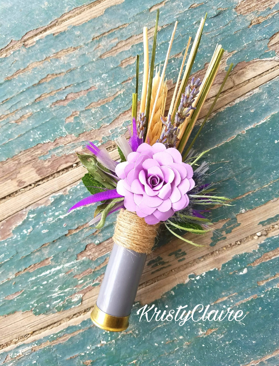 Lavender, Purple, Grey Shotgun Shell Boutonniere With Lavender Paper Flower, lapel, buttonhole, pin-on, corsage, Wheat, Thistle, Lavender, Feathers
