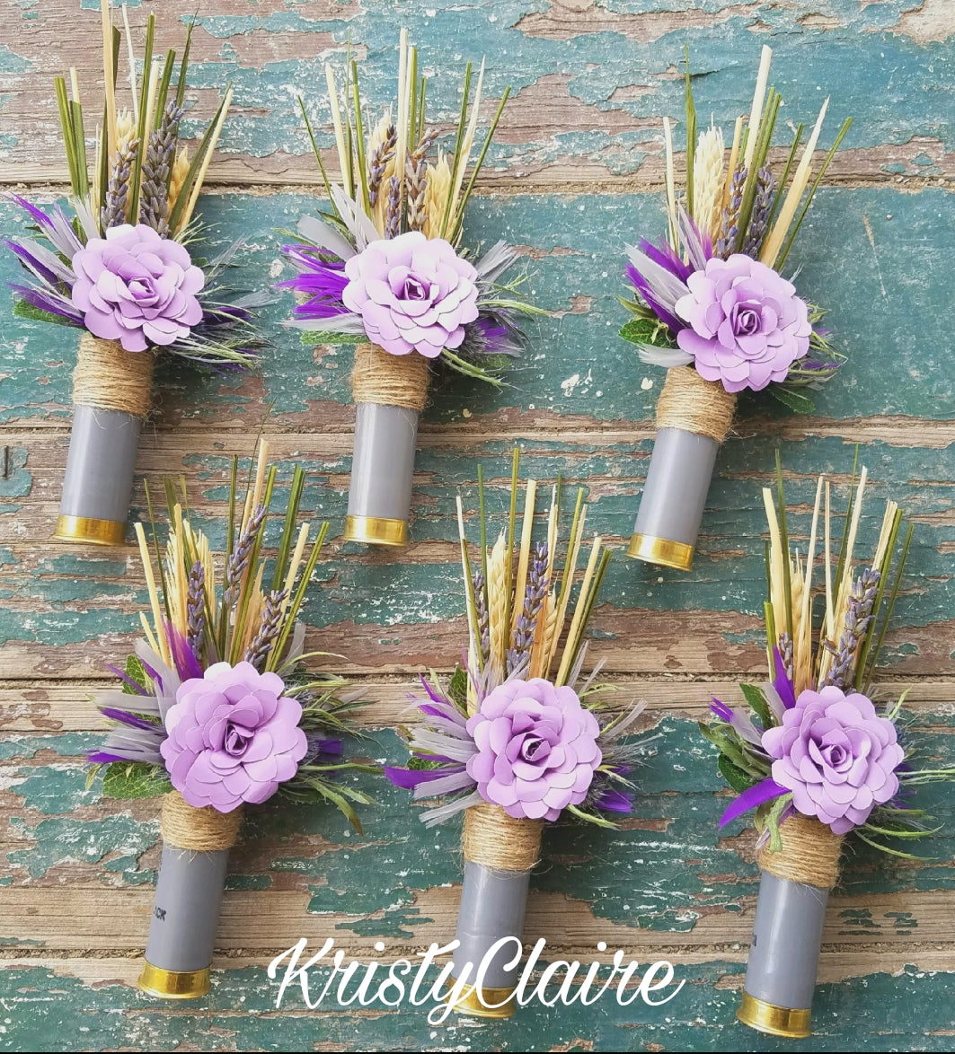 Lavender, Purple, Grey Shotgun Shell Boutonniere With Lavender Paper Flower, lapel, buttonhole, pin-on, corsage, Wheat, Thistle, Lavender, Feathers