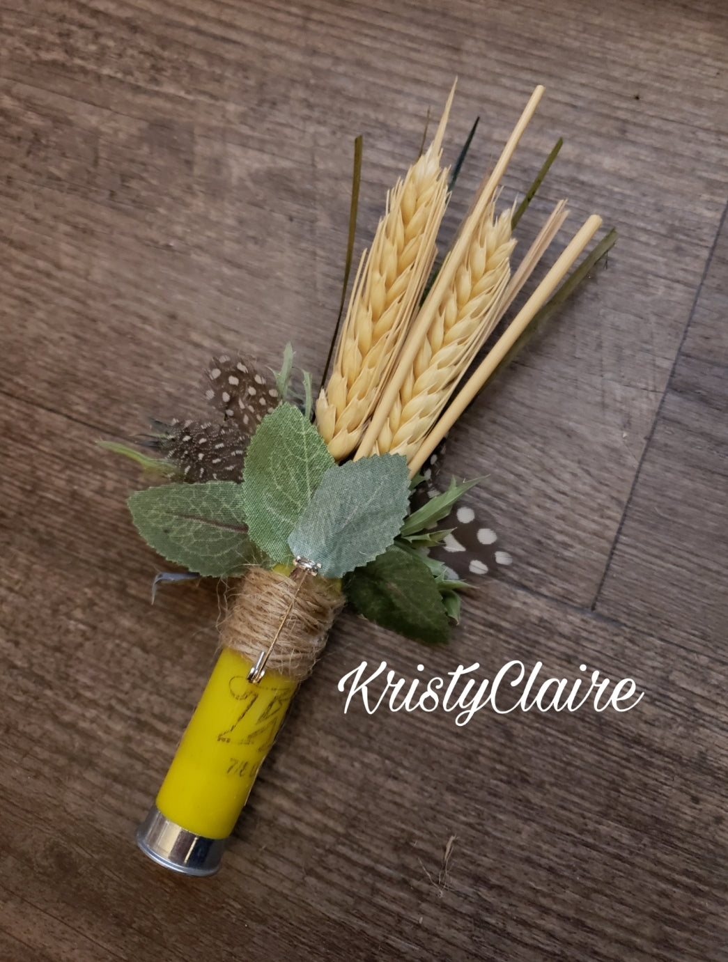 Sunflower Yellow Shotgun Shell Boutonniere, lapel, buttonhole, pin-on, corsage, Dried Wheat, Grass, Thistle, Feathers