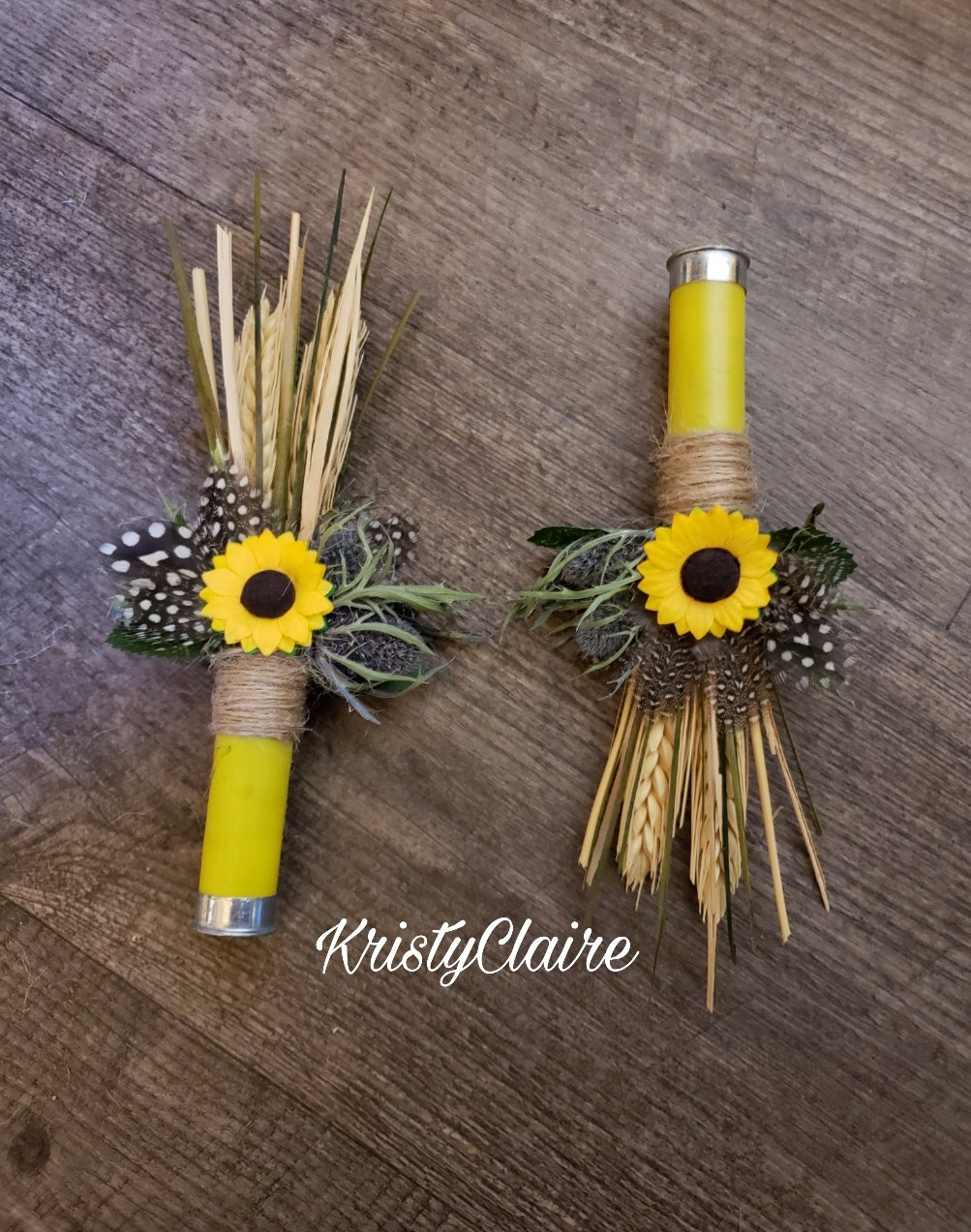 Sunflower Yellow Shotgun Shell Boutonniere, lapel, buttonhole, pin-on, corsage, Dried Wheat, Grass, Thistle, Feathers