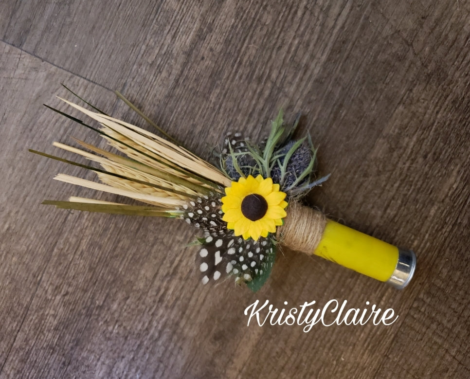 Sunflower Yellow Shotgun Shell Boutonniere, lapel, buttonhole, pin-on, corsage, Dried Wheat, Grass, Thistle, Feathers