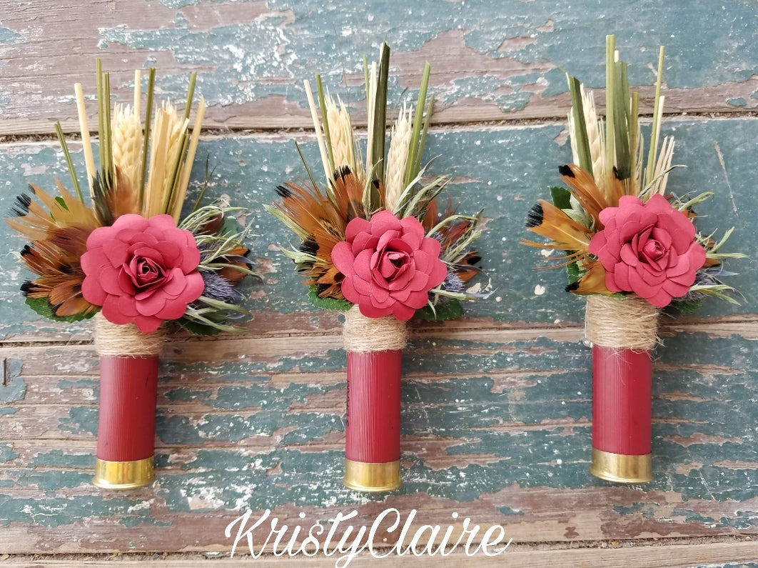 Burgundy Shotgun Shell Boutonniere, Burgundy Paper Flower, lapel, buttonhole, pin-on, corsage, Dried Wheat, Grass, Thistle, Pheasant Feathers