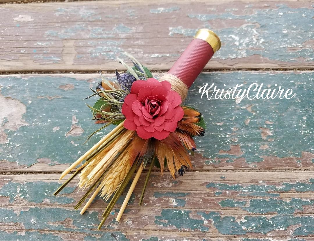 Burgundy Shotgun Shell Boutonniere, Burgundy Paper Flower, lapel, buttonhole, pin-on, corsage, Dried Wheat, Grass, Thistle, Pheasant Feathers