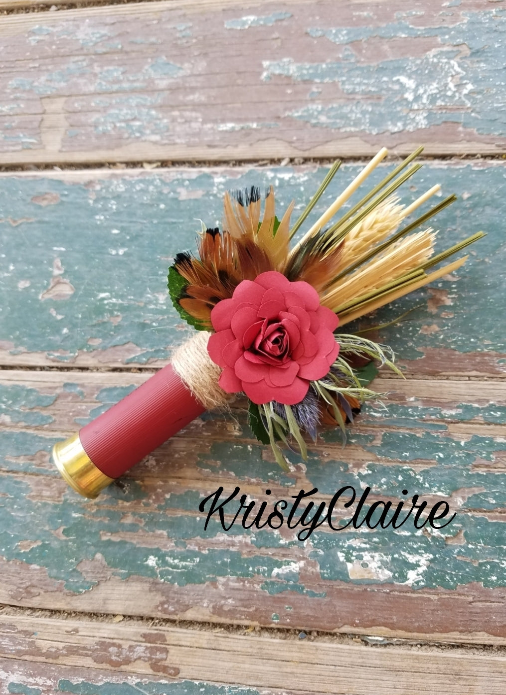Burgundy Shotgun Shell Boutonniere, Burgundy Paper Flower, lapel, buttonhole, pin-on, corsage, Dried Wheat, Grass, Thistle, Pheasant Feathers