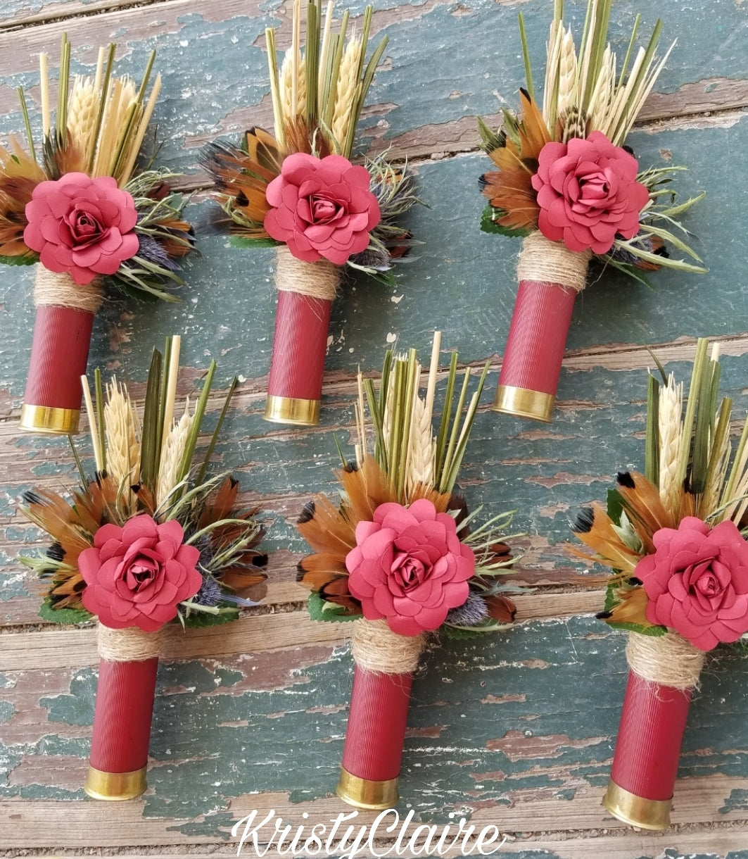 Burgundy Shotgun Shell Boutonniere, Burgundy Paper Flower, lapel, buttonhole, pin-on, corsage, Dried Wheat, Grass, Thistle, Pheasant Feathers