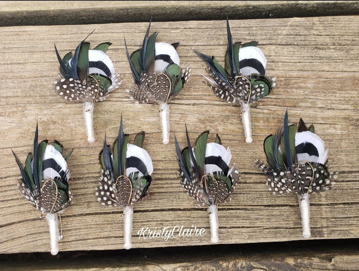 Hunter Green, Fishing Boutonniere, White, Black, Gray, Green, Emerald, Feathers, Buttonhole, lapel, Pin-on, Corsage, Prom, Wedding, Event