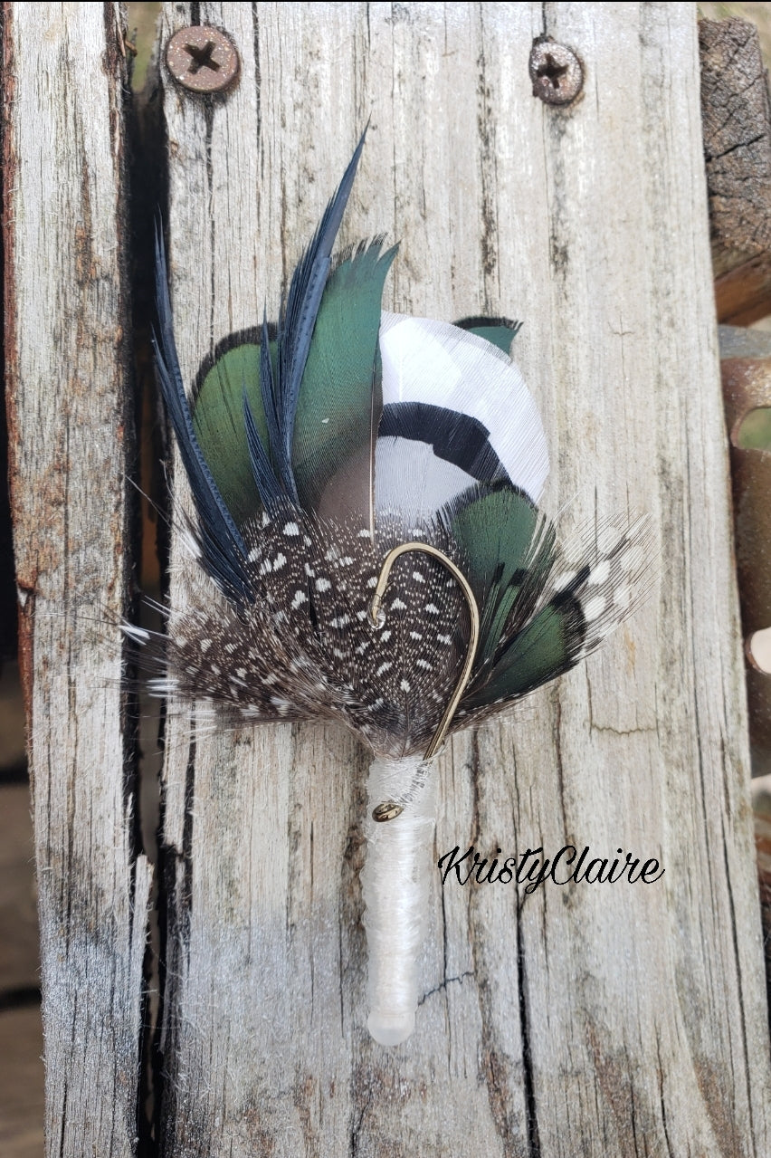 Hunter Green, Fishing Boutonniere, White, Black, Gray, Green, Emerald, Feathers, Buttonhole, lapel, Pin-on, Corsage, Prom, Wedding, Event