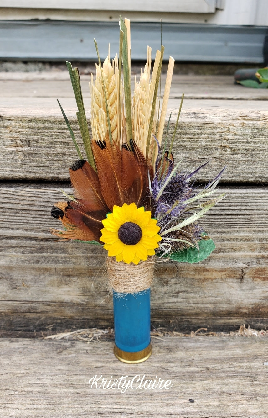 Turquoise Blue Shotgun Shell Boutonniere With Sunflower, lapel, buttonhole, pin-on, corsage, Dried Wheat, Grass, Thistle, Pheasant Feathers