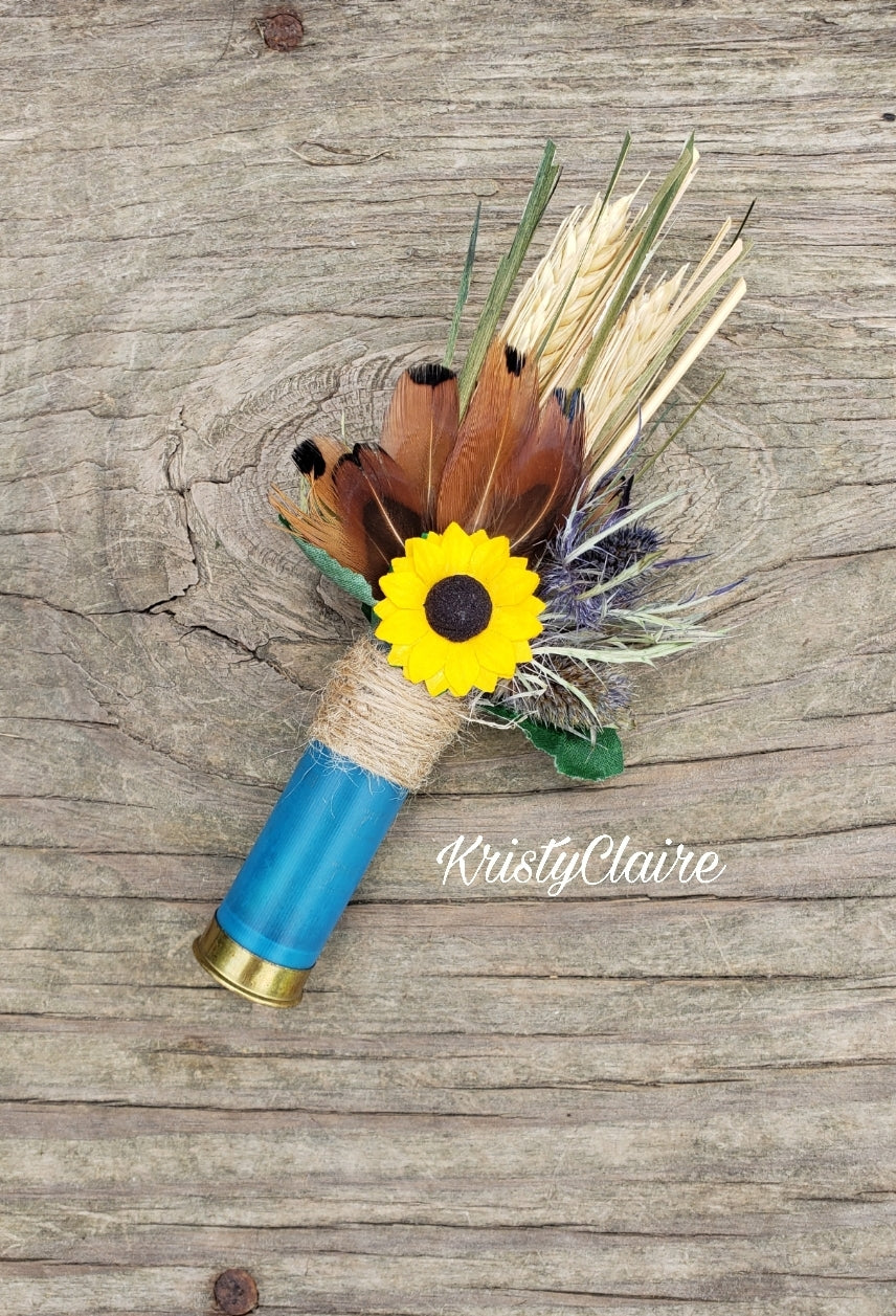 Turquoise Blue Shotgun Shell Boutonniere With Sunflower, lapel, buttonhole, pin-on, corsage, Dried Wheat, Grass, Thistle, Pheasant Feathers