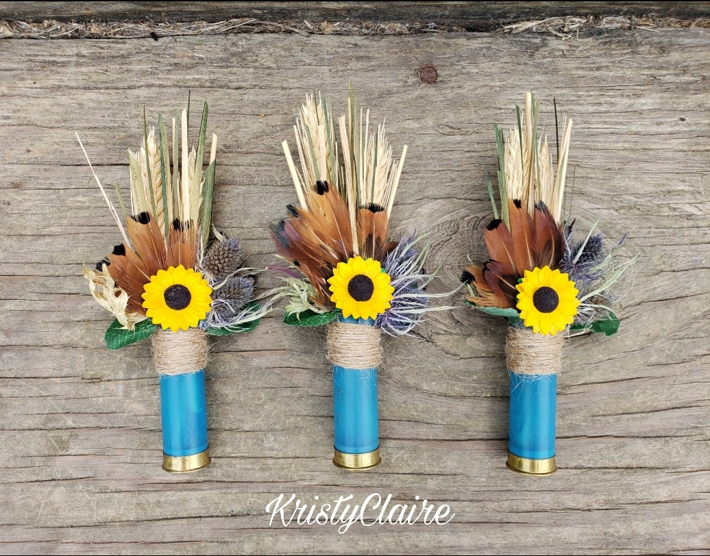 Turquoise Blue Shotgun Shell Boutonniere With Sunflower, lapel, buttonhole, pin-on, corsage, Dried Wheat, Grass, Thistle, Pheasant Feathers