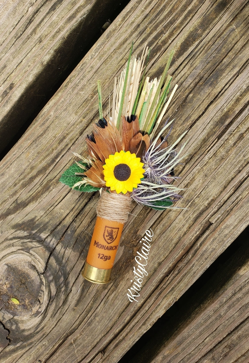 Orange Sunflower Shotgun Shell Boutonniere, lapel, buttonhole, pin-on, corsage, Dried Wheat, Grass, Thistle, Pheasant Feathers