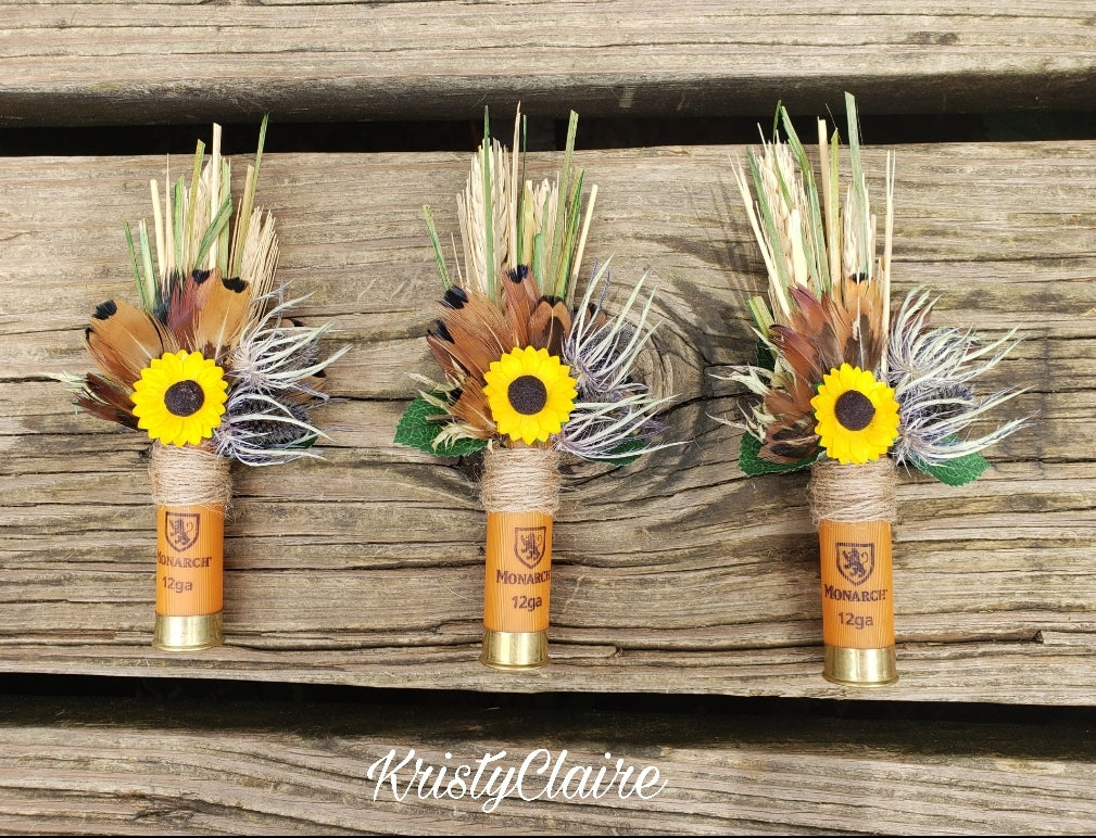 Orange Sunflower Shotgun Shell Boutonniere, lapel, buttonhole, pin-on, corsage, Dried Wheat, Grass, Thistle, Pheasant Feathers