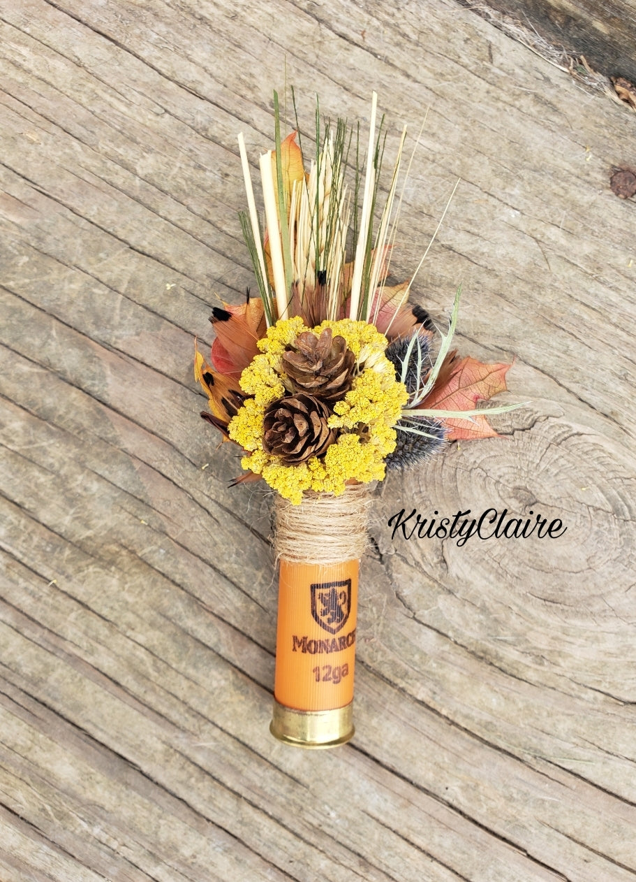 Fall Wheat, Pine Cone, Autumn Leaf, Orange Shotgun Shell Boutonniere, lapel, buttonhole, pin-on, corsage, Dried Wheat, Pheasant Feathers, Pine Cones