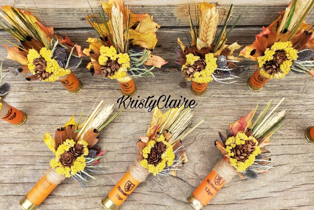 Fall Wheat, Pine Cone, Autumn Leaf, Orange Shotgun Shell Boutonniere, lapel, buttonhole, pin-on, corsage, Dried Wheat, Pheasant Feathers, Pine Cones