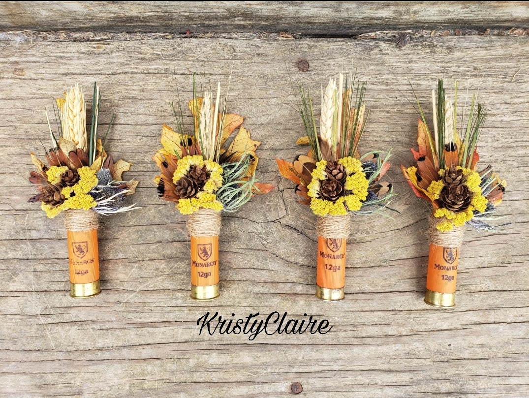 Fall Wheat, Pine Cone, Autumn Leaf, Orange Shotgun Shell Boutonniere, lapel, buttonhole, pin-on, corsage, Dried Wheat, Pheasant Feathers, Pine Cones