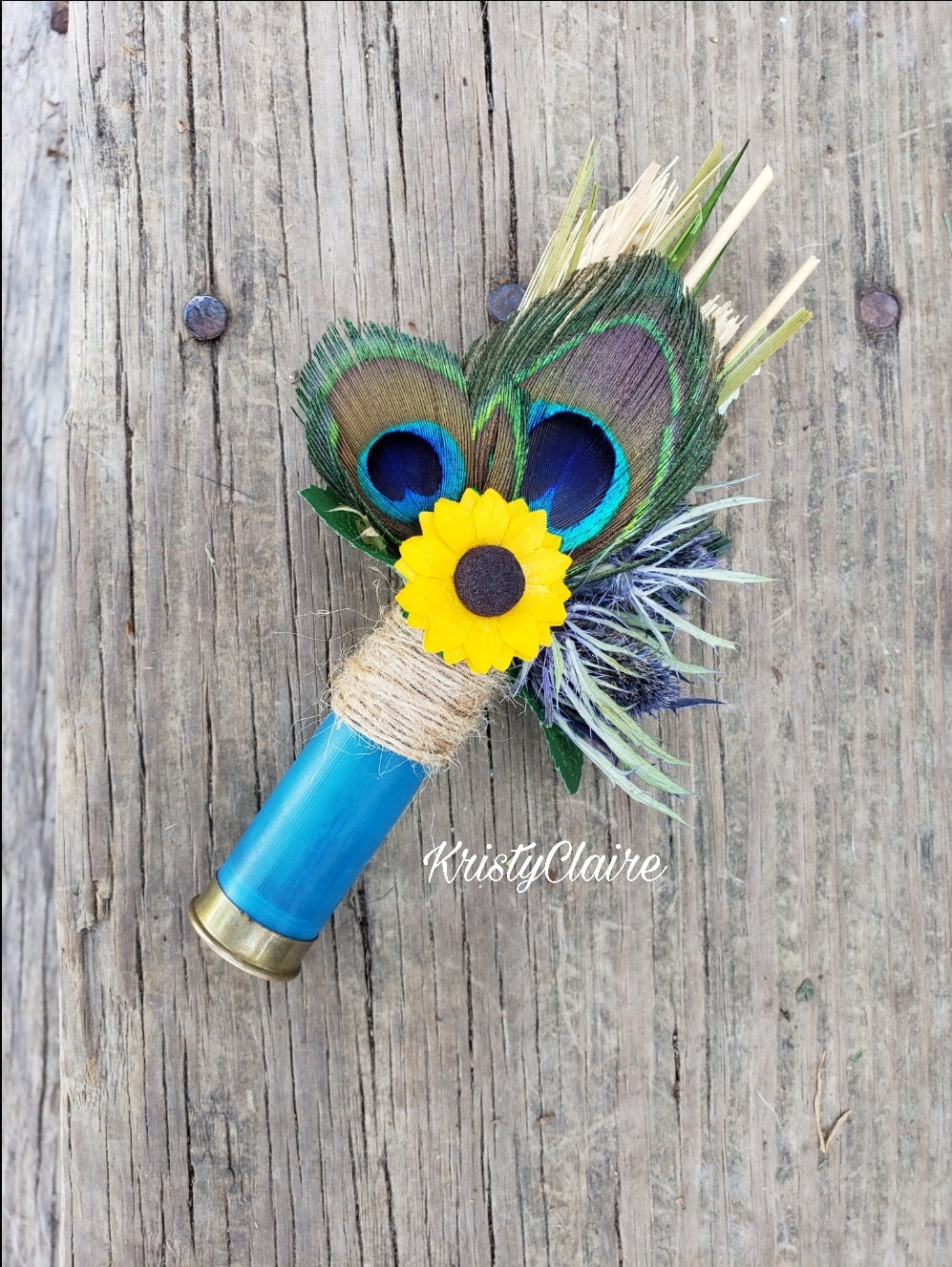 Peacock, Sunflower, Teal Shotgun Shell Boutonniere, Lapel, Pin-on, Buttonhole, Corsage, Turquoise, Dried Wheat, Grass, Thistle, Peacock Feathers
