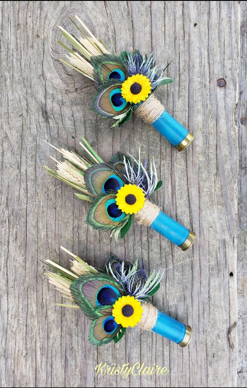 Peacock, Sunflower, Teal Shotgun Shell Boutonniere, Lapel, Pin-on, Buttonhole, Corsage, Turquoise, Dried Wheat, Grass, Thistle, Peacock Feathers