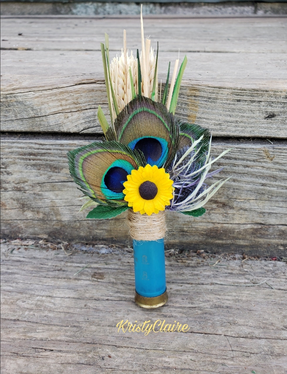 Peacock, Sunflower, Teal Shotgun Shell Boutonniere, Lapel, Pin-on, Buttonhole, Corsage, Turquoise, Dried Wheat, Grass, Thistle, Peacock Feathers