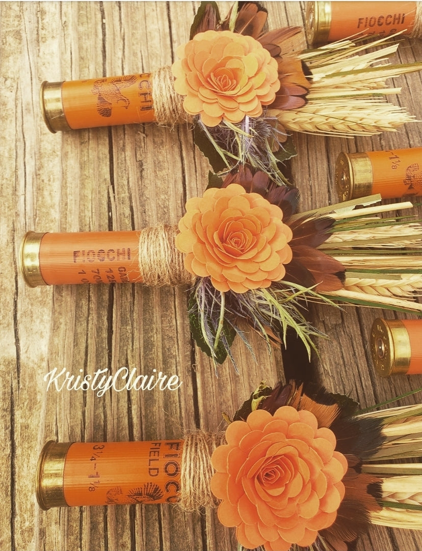 Orange Shotgun Shell Boutonniere, lapel, buttonhole, pin-on, corsage, Dried Wheat, Grass, Thistle, Pheasant Feathers