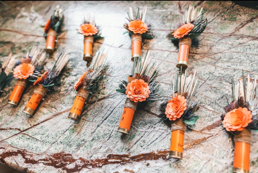 Orange Shotgun Shell Boutonniere, lapel, buttonhole, pin-on, corsage, Dried Wheat, Grass, Thistle, Pheasant Feathers