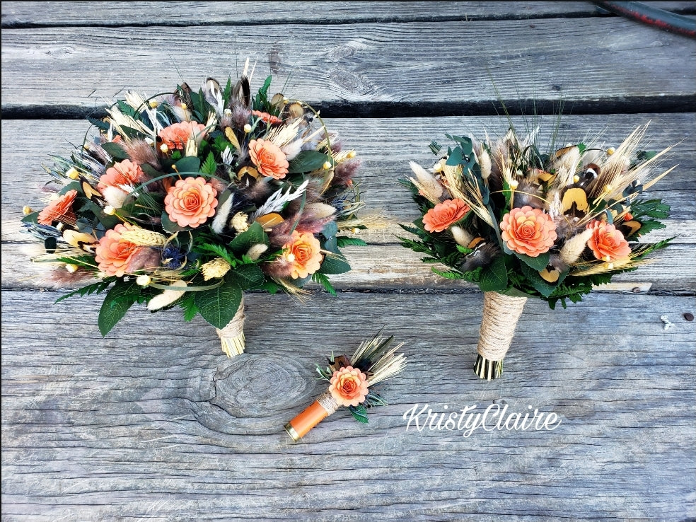 Orange Paper Flower Bridal Bouquet, Wildflower, Dried, Preserved, Rustic, Country, Outdoorsy, Barn, Fishing, Wedding Bouquet
