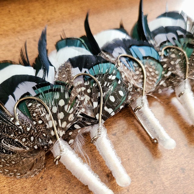 Hunter Green, Fishing Boutonniere, White, Black, Gray, Green, Emerald, Feathers, Buttonhole, lapel, Pin-on, Corsage, Prom, Wedding, Event