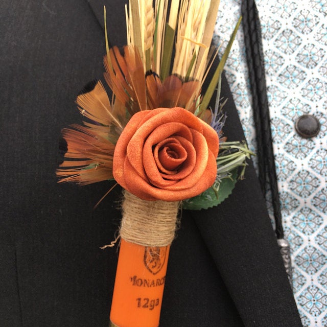 Orange Shotgun Shell Boutonniere With Foam Rose, lapel, buttonhole, pin-on, corsage, Dried Wheat, Grass, Thistle, Pheasant Feathers