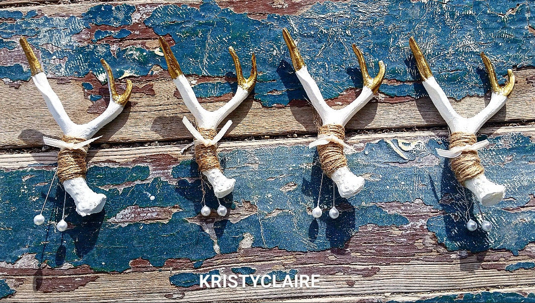 Antler Boutonniere, Gold Tipped, Faux, Resin,Twine Buttonhole, Lapel,  Pin-on, Corsage, Mini Antler, Taxidermy