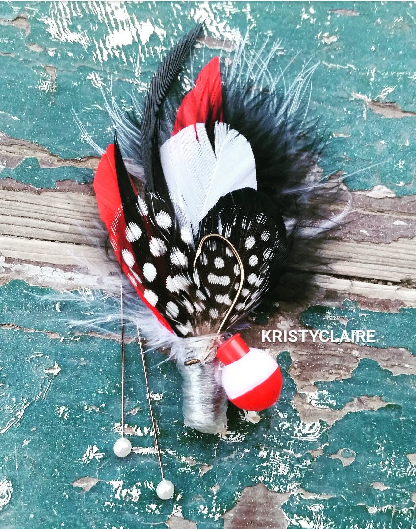 Fishing Boutonniere, Red, White, Black, Feathers