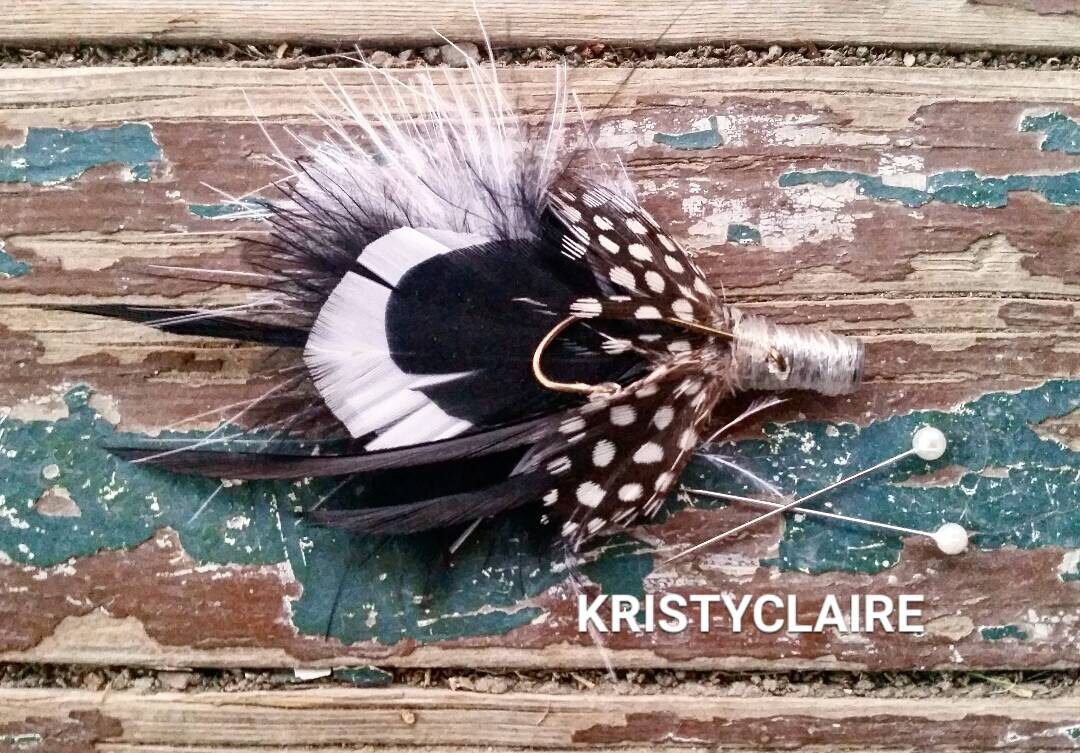Fishing Boutonniere, White, Black, Feathers, Buttonhole, lapel, Pin-on